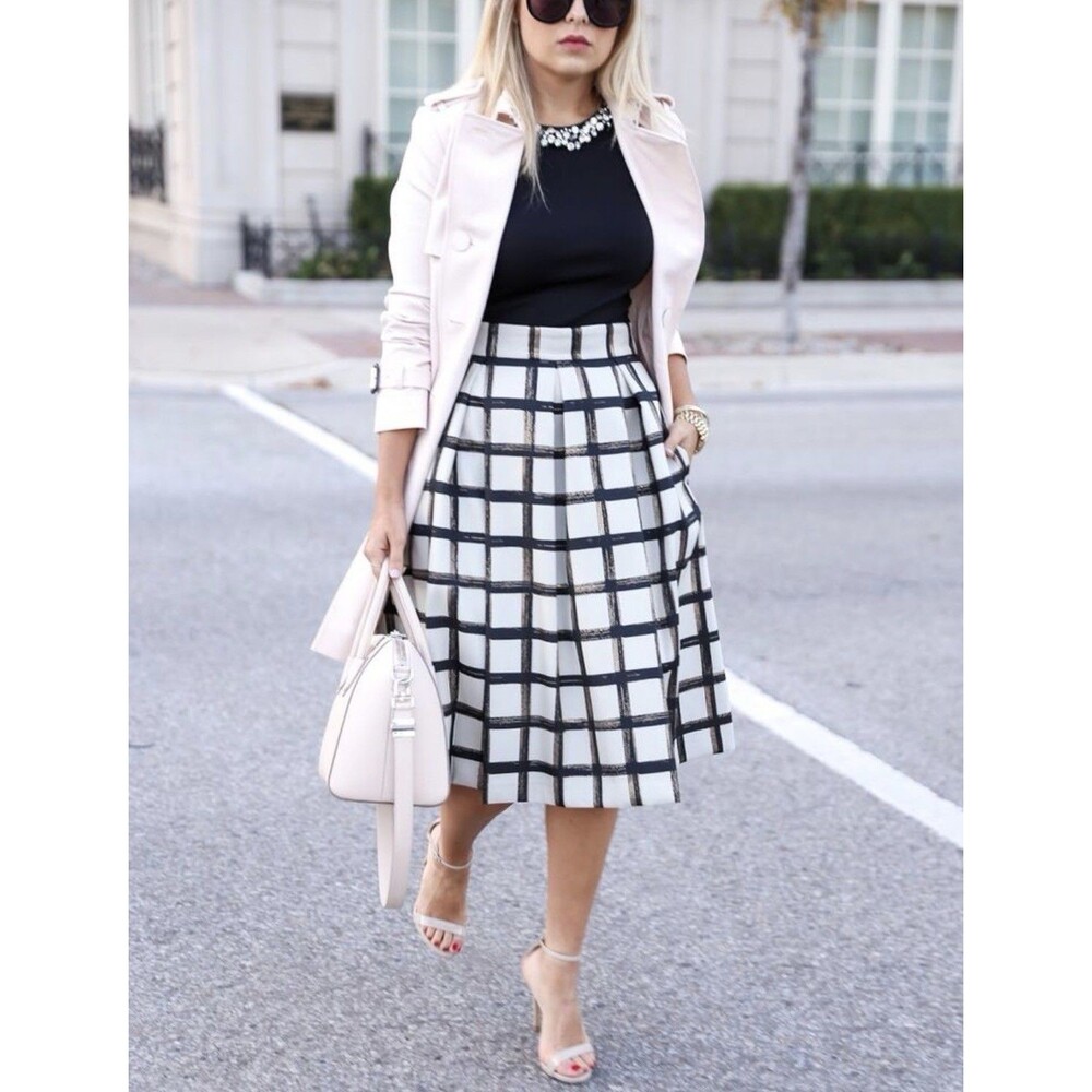 Eliza J 10 Metallic Grid Plaid Pleated Midi Skirt Black Gold Whimsigoth Holiday - Picture 9 of 9
